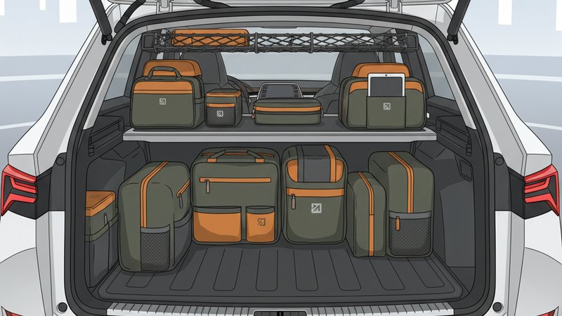 Современная иллюстрация автомобильных органайзеров для багажника Skoda, вид изнутри, 2026 год.